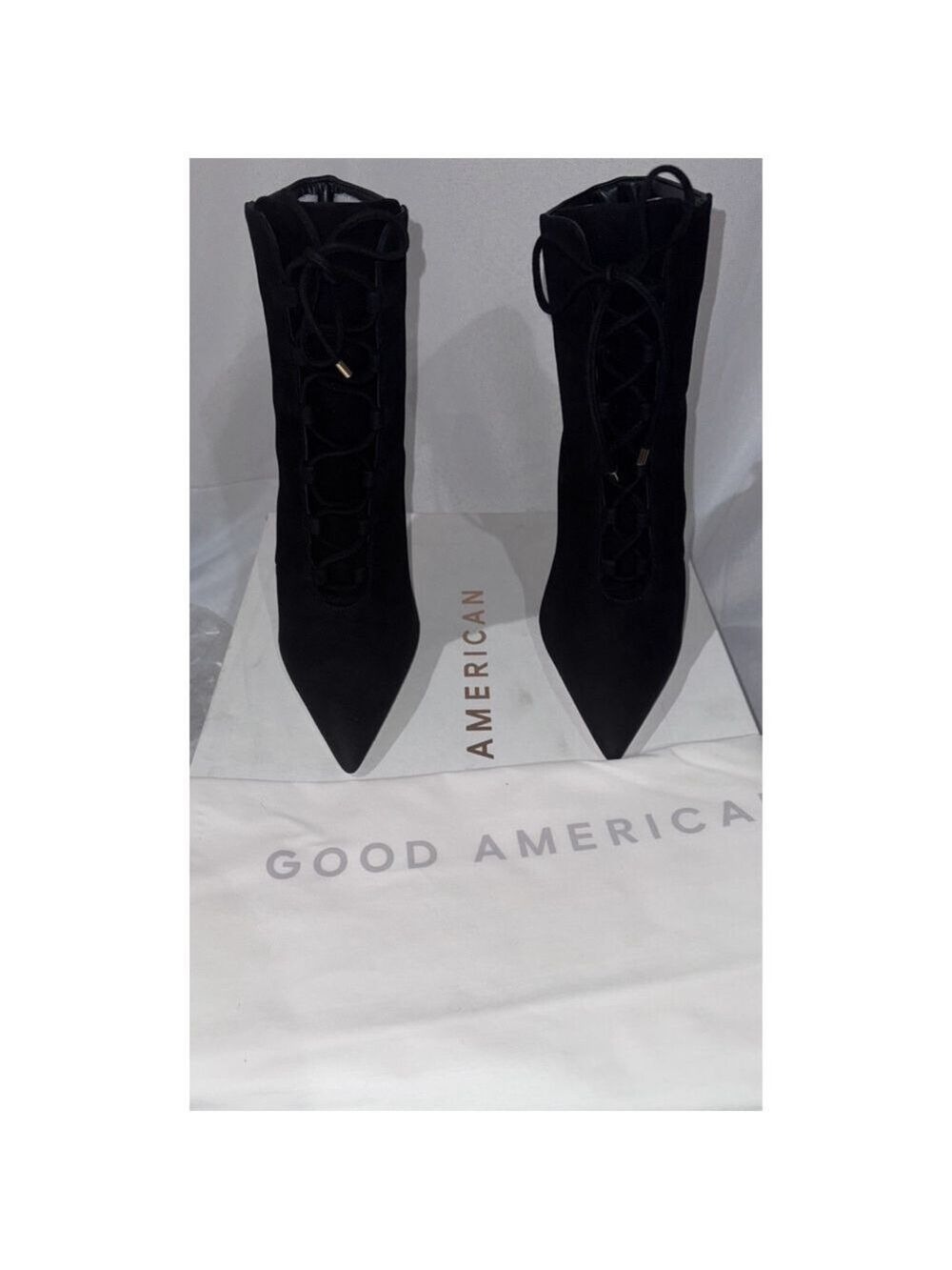 Good American Shoes Womens 7.5 Black Suede Booties Stiletto Heel Boots GA012K-E